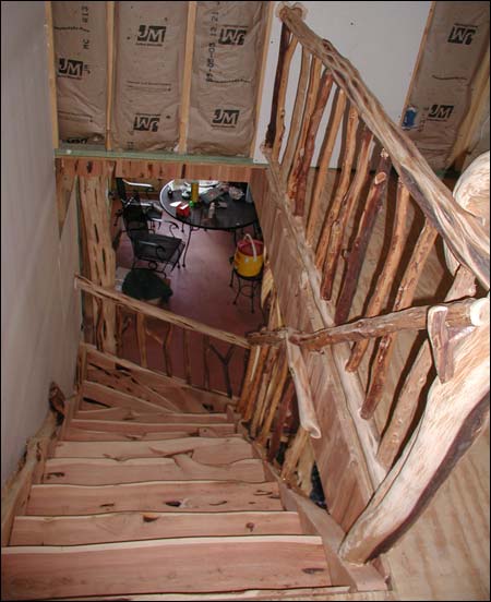 Staircase made with Mountain Cedar Posts and slabs by Mueller Sawmill, Stacy Mueller