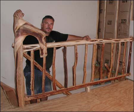 Staircase made with Mountain Cedar Posts and slabs by Mueller Sawmill, Stacy Mueller